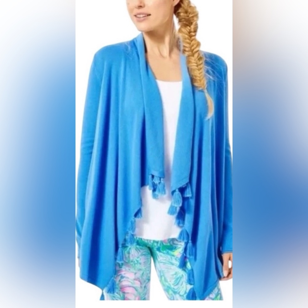 Lilly Pulitzer Catriona Open Cardigan Tassels Blue Women’s Medium Knit